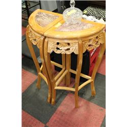 HAND CARVED CORNER PLANT STANDS WITH MARBLE INLAY