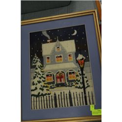 FRAMED NEEDLEWORK (WINTER HOUSE SCENE)