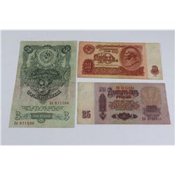 RUSSIAN 3, 10 & 25 RUBLE BANKNOTES 1947-61-61 X3