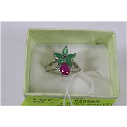 925 SILVER RUBY AND EMERALD LADIES RING