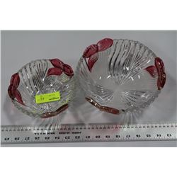 PAIR OF ESTATE CLEAR AND PINK GLASS FLOWER BOWLS