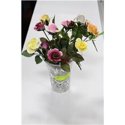 ESTATE GLASS VASE W CERAMIC FLOWERS