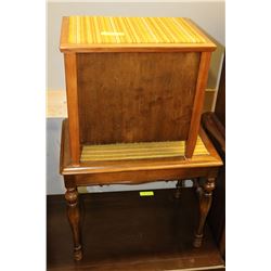 VINTAGE WOOD AND FABRIC TOP END TABLE W STOOL