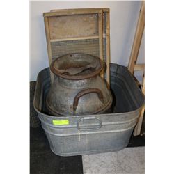 VINTAGE WASHTUB, CREAM CAN & WASHBOARDS