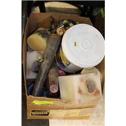 BOX OF ASSORTED CANDLES AND CANDLE MAKING SUPPLIES