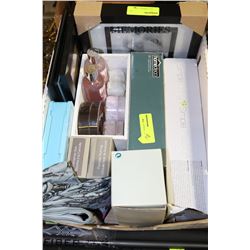 BOX WITH HOUSEHOLD CANDLES/ SCONCES/PIC FRAMES ETC