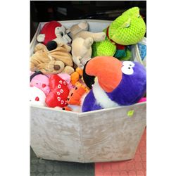 LARGE BROWN STORAGE BOX WITH STUFFED ANIMALS