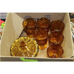 AMBER CANDY BOWL W/ GLASSES