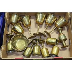 FLAT OF BRASS GOBLETS & OTHER BRASS ITEMS