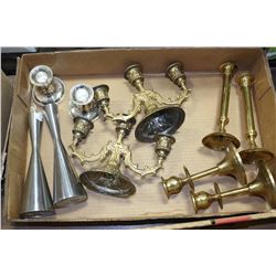 FLAT OF BRASS & SILVER CANDLE HOLDER & CANDELABRA