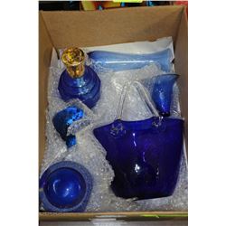 BOX OF BLUE GLASS DECORATIVE ITEMS