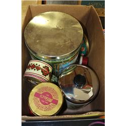 BOX OF VINTAGE COLLECTIBLE TIN CANS