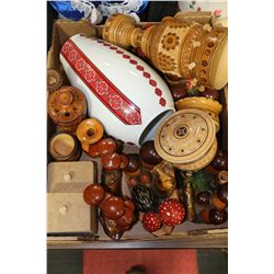 BOX OF UKRANIAN WOODEN ORNAMENTS & CERAMIC VASE