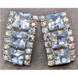 PAIR OF VINTAGE WEISS BLUE IRIDESCENT RHINESTONE EARRINGS