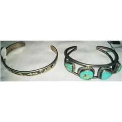 Two Navajo Sterling Silver and Turquoise Cuff Bracelets