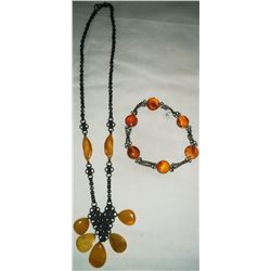 Amber Beads and Copper Necklace w/Bracelet