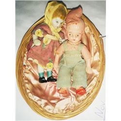2 Vintage Miniature Porcelain Dolls In Basket