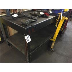 STEEL WORK BENCH W/ 3 BOTTLE JACKS AND BARREL PUMP