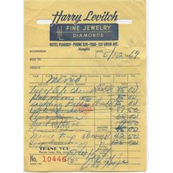 Harry Levitch Jeweler Invoice Dated 5-12-67 Elvis Presley Jewelry