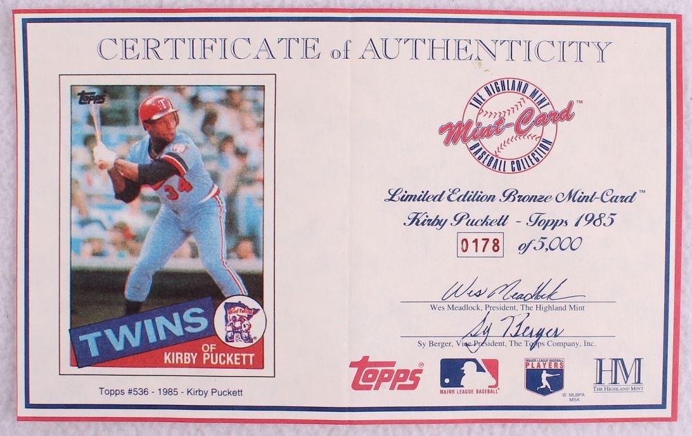 Kirby Puckett LE 1985 Topps 536 RC Solid Bronze Baseball Card from