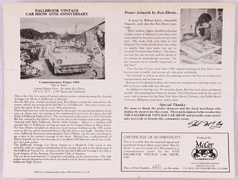 Official Commemorative Poster from 1995 Fallbrook Vintage Car Show 30th