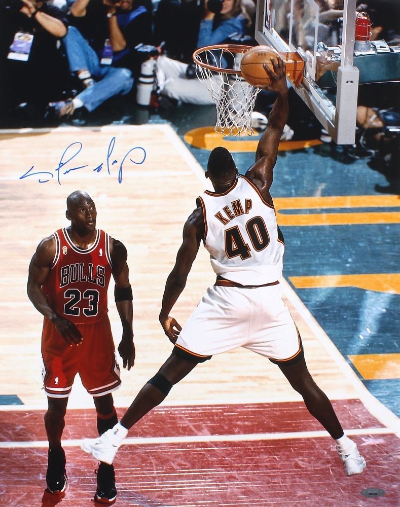 Shawn Kemp Signed Sonics 16x20 Photo Dunking Over Michael Jordan (TriStar)
