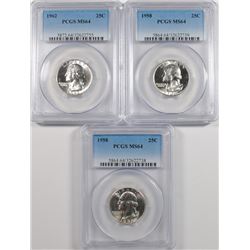 ( 3 ) PCGS GRADED MS-64 WASHINGTON QUARTER: (2 )  1958 & (1) 1962