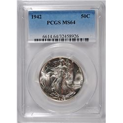 1942 WALKING LIBERTY HALF DOLLAR, PCGS MS-64