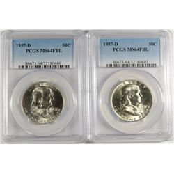 ( 2 ) 1957-D FRANKLIN HALF DOLLARS, PCGS MS-64 FBL