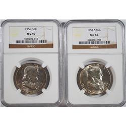 1954-S & 1956 FRANKLIN HALF DOLLARS, NGC MS-65