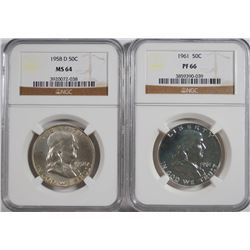 ( 2 ) NGC GRADED FRANKLIN HALF DOLLARS: 1958-D MS-64 & 1961 PF-66