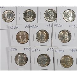 (10) CH BU 1953-S WASHINGTON QUARTERS