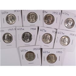 (10) WASHINGTON QUARTERS (1952, 1952-D, 1952-S, 1953, 1953-D, 1954, 1954-D,