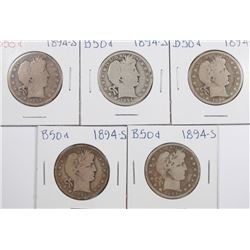 (5) 1894-S BARBER HALF DOLLARS