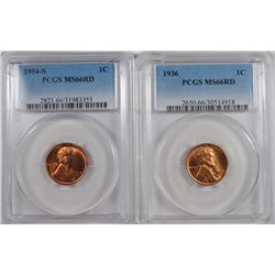 1936 & 1954-S LINCOLN  CENTS, PCGS MS-66 RED