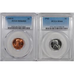 1943 STEEL CENT PCGS MS-66 & 1969-S LINCOLN CENTS, PCGS MS-66 RED