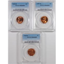 ( 3 ) PCGS GRADED MS-66 RED LINCOLN CENTS: 1944-S, 57-D & 69-D