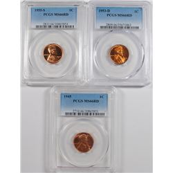 ( 3 ) PCGS GRADED MS-66 RED LINCOLN CENTS: 1945, 53-D & 55-S