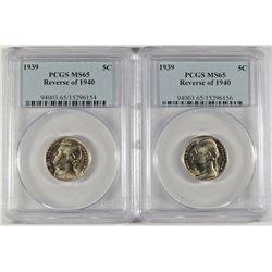 LOT OF ( 2 )  1939 REVERSE OF 1940 JEFFERSON NICKELS, PCGS MS-65 TOUGH!