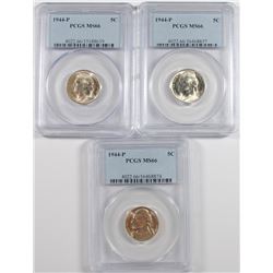 ( 3 ) 1944-P JEFFERSON NICKELS, PCGS MS-66