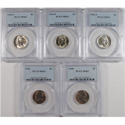 Lof of 5 Jeff nickels all PCGS-65: 1940,41, 42S, 43P, 45S