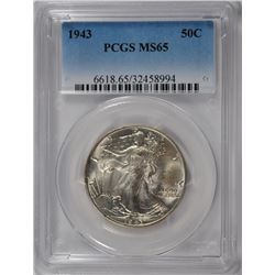 1943 WALKING LIBERTY HALF DOLLAR, PCGS MS-65 GEM WHITE!