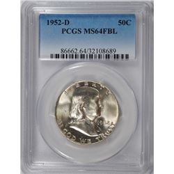 1952-D FRANKLIN HALF DOLLAR, PCGS MS-64 FBL