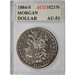 1884-S MORGAN SILVER DOLLAR, ACG AU-53