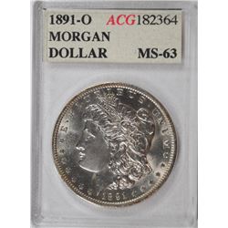 1891-O MORGAN SILVER DOLLAR, ACG MS-63  SCARCE