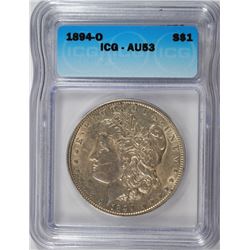 1894-O MORGAN SILVER DOLLAR, ICG AU-53