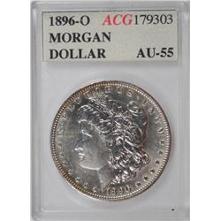 1896-O MORGAN SILVER DOLLAR, AU-55 SCARCE