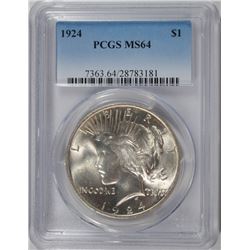 1924 PEACE SILVER DOLLAR, PCGS MS-64 WHITE