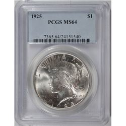 1925 PEACE SILVER DOLLAR, PCGS MS-64 WHITE!