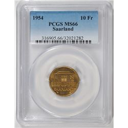 1954 SAARLAND 10 FRANKEN, PCGS MS-66 RARE!!